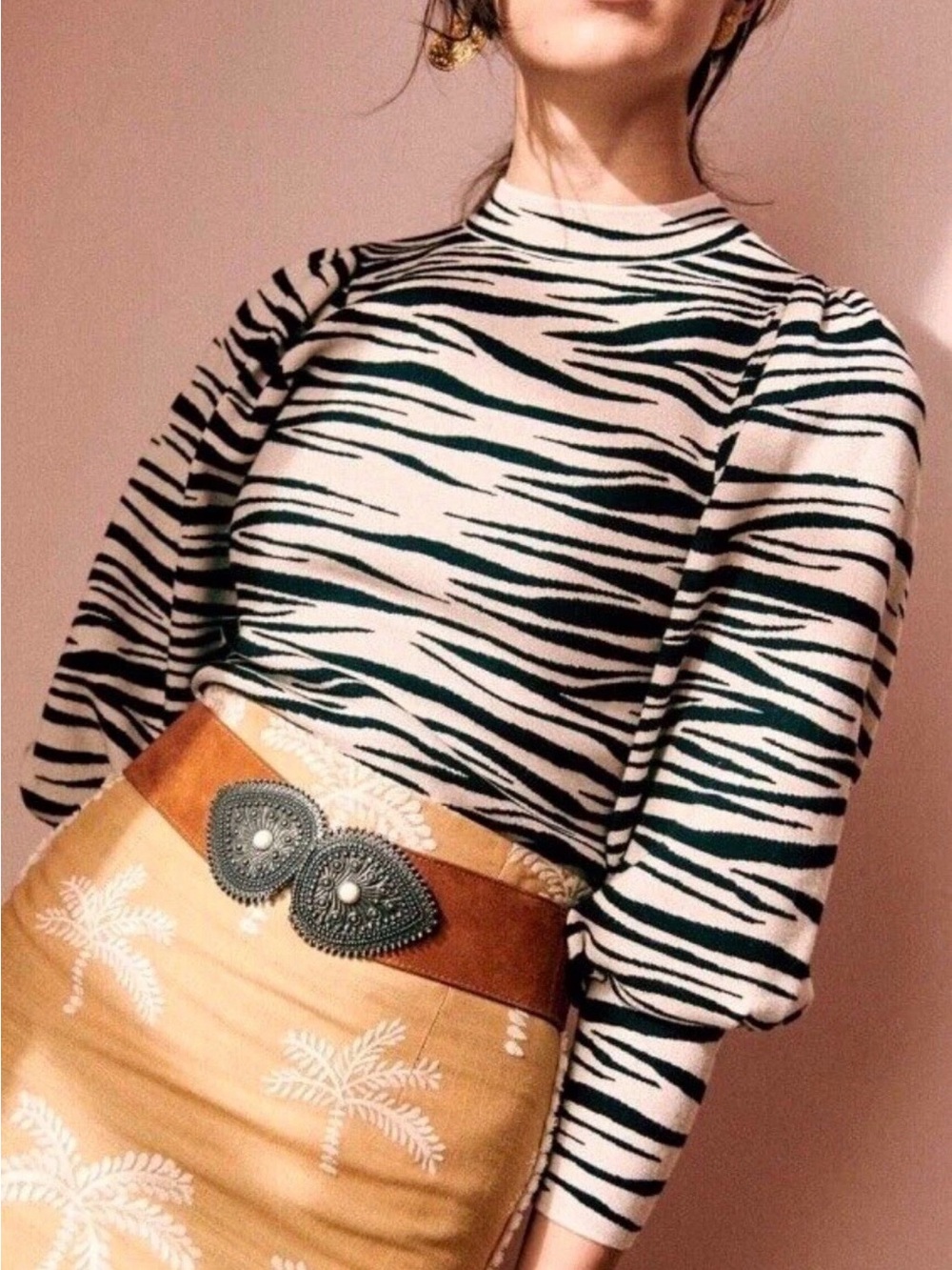 Sezane Denver Zebra Stripe Mock Neck Sweater in Black and Cream